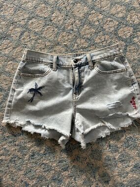 aerie Light Blue Distressed dream Denim Shorts with Navy Palm Embroidery